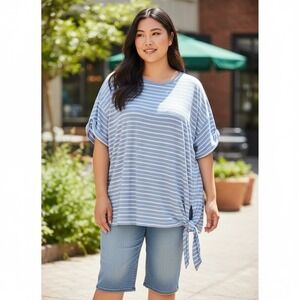 Chaps Striped Tie Front Tunic Top Plus Size‎ 2X Blue White Casual Summer